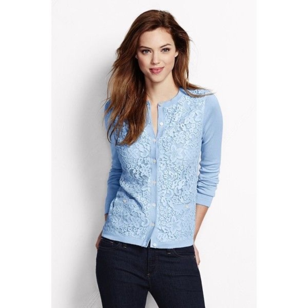 Lands’ End Lace Overlay Cardigan Supima Cotton Pocket